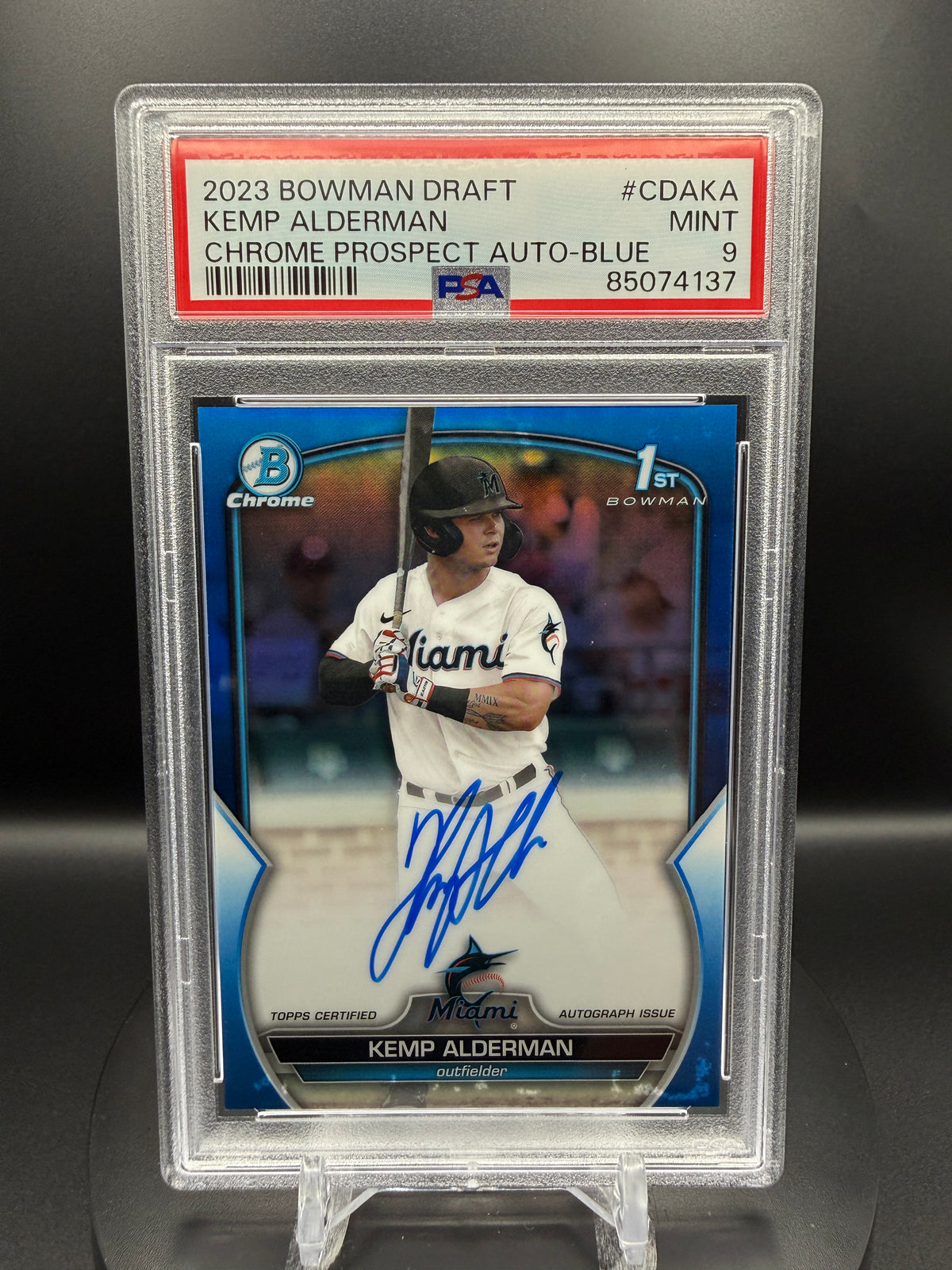 Kemp Alderman 2023 Bowman Draft Chrome Prospect Autograph #CDAKA Blue Refractor /150 PSA 9