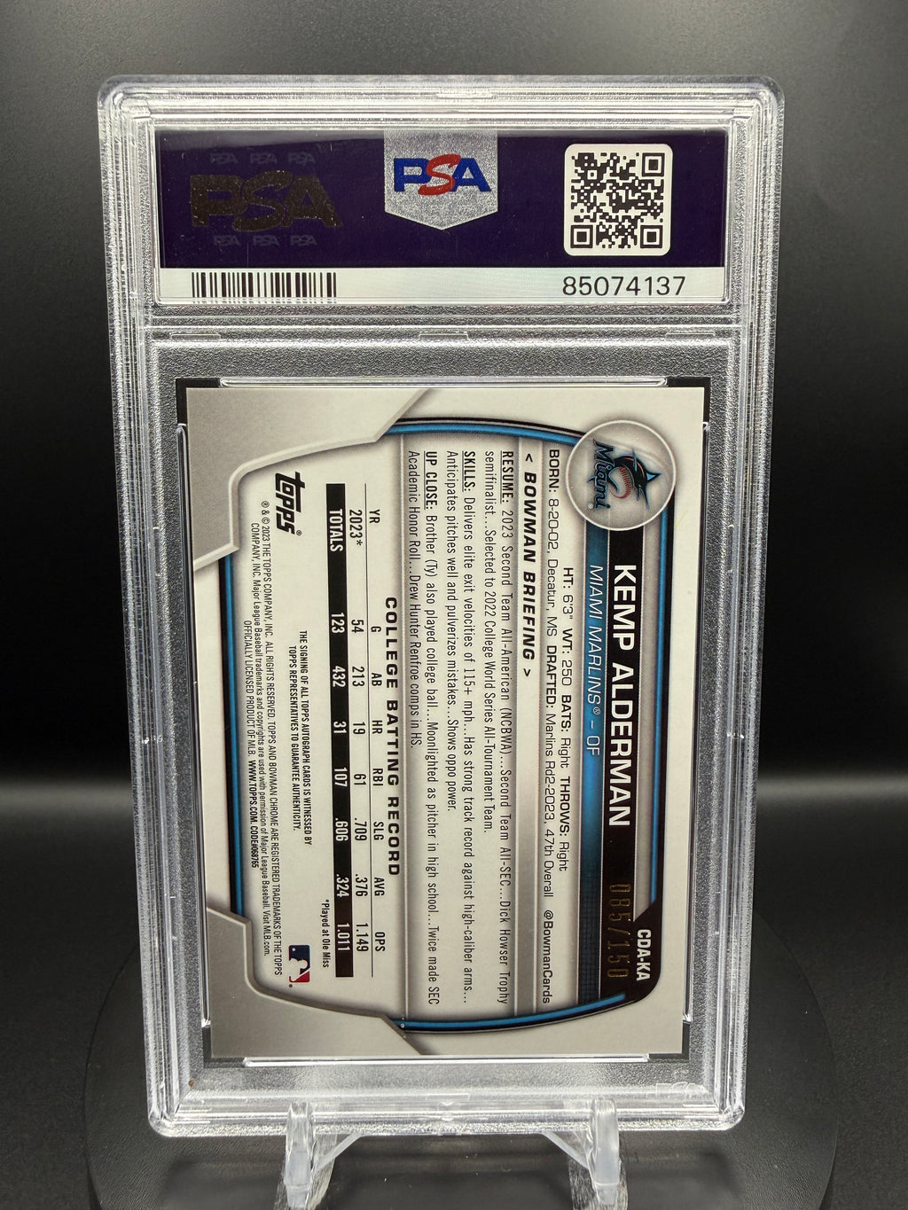 Kemp Alderman 2023 Bowman Draft Chrome Prospect Autograph #CDAKA Blue Refractor /150 PSA 9
