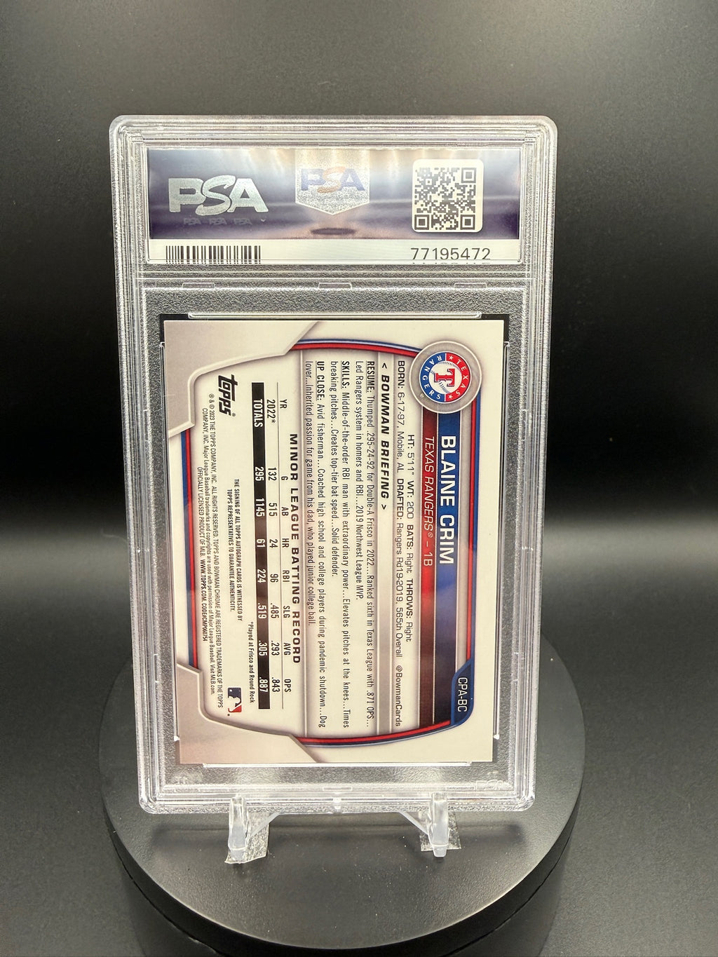 Blaine Crim 2023 Bowman Chrome #CPABC Prospect Autographs PSA 9