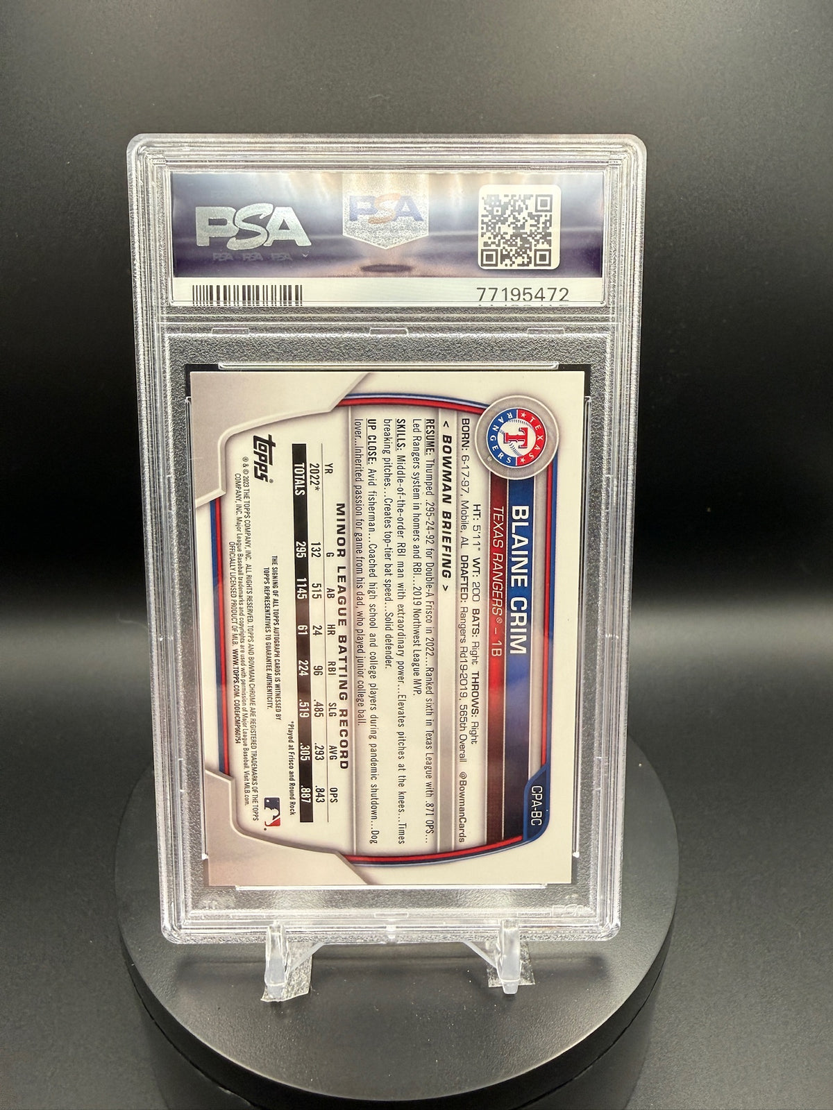 Blaine Crim 2023 Bowman Chrome #CPABC Prospect Autographs PSA 9