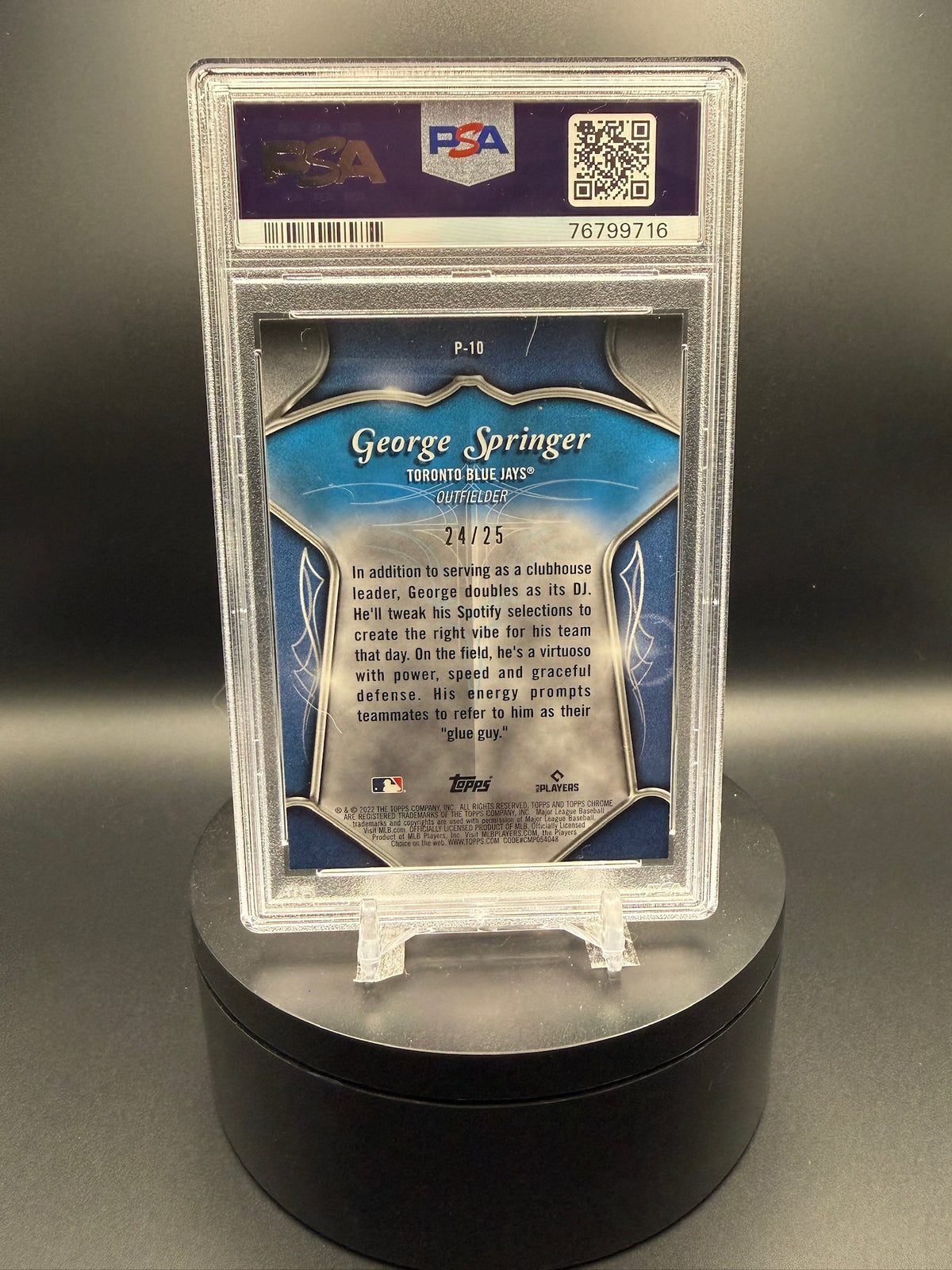 George Springer 2022 Topps Chrome Pinstriped/Club Plaques #P10 Orange Pearl Speckle Refractor /25 PSA 9