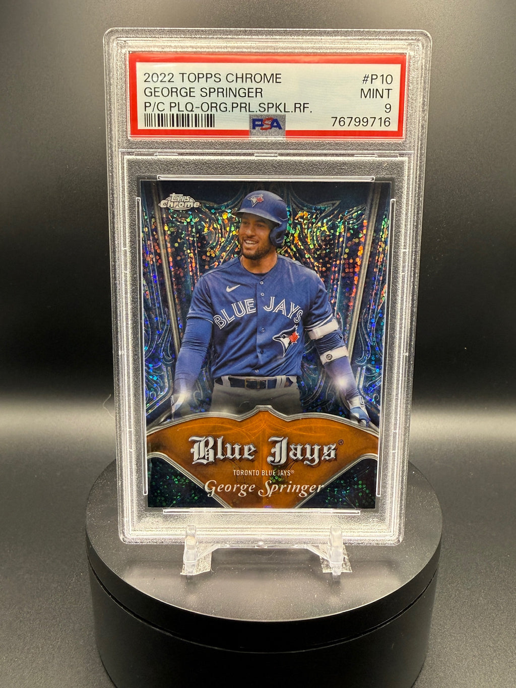 George Springer 2022 Topps Chrome Pinstriped/Club Plaques #P10 Orange Pearl Speckle Refractor /25 PSA 9