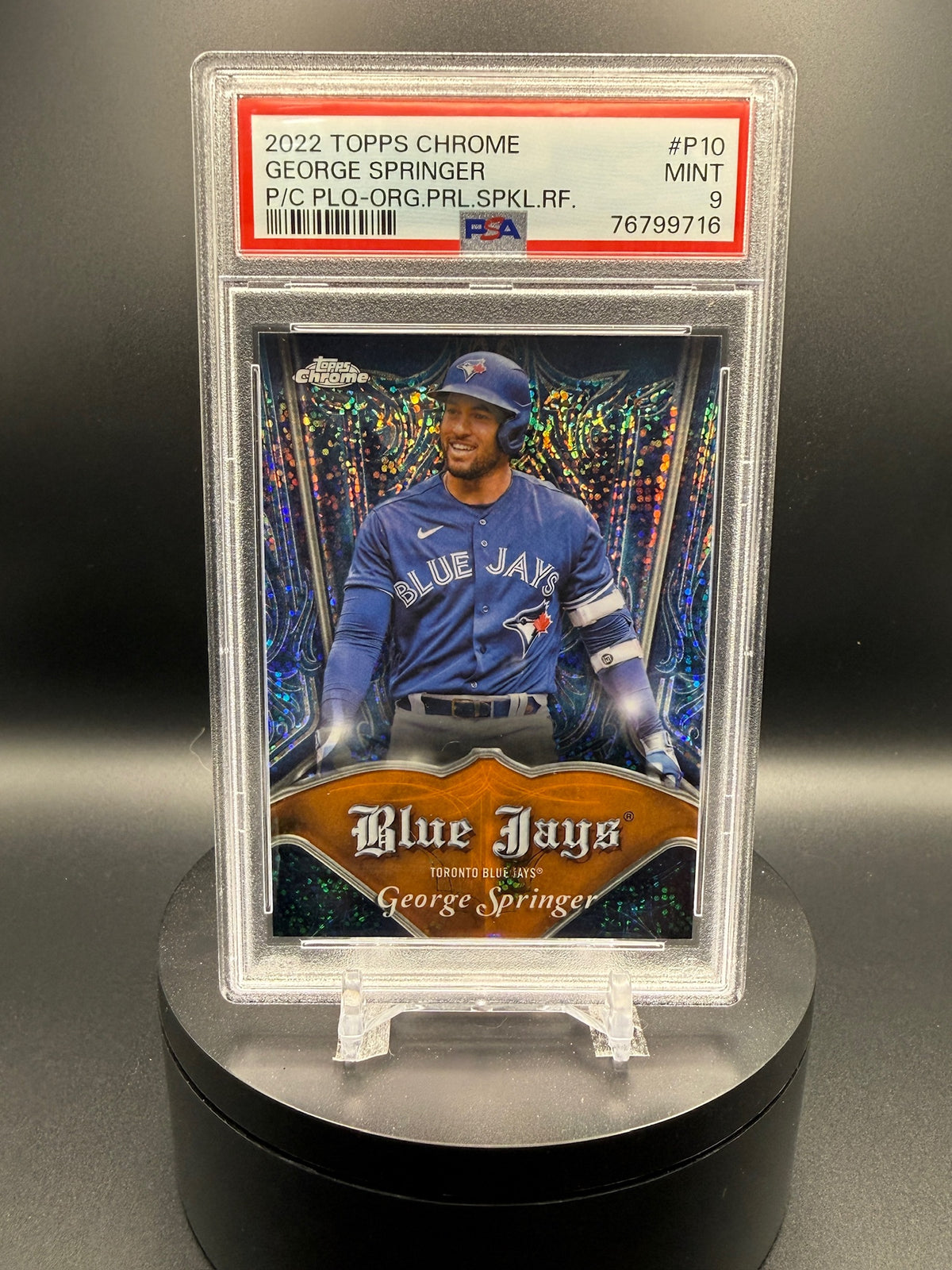 George Springer 2022 Topps Chrome Pinstriped/Club Plaques #P10 Orange Pearl Speckle Refractor /25 PSA 9