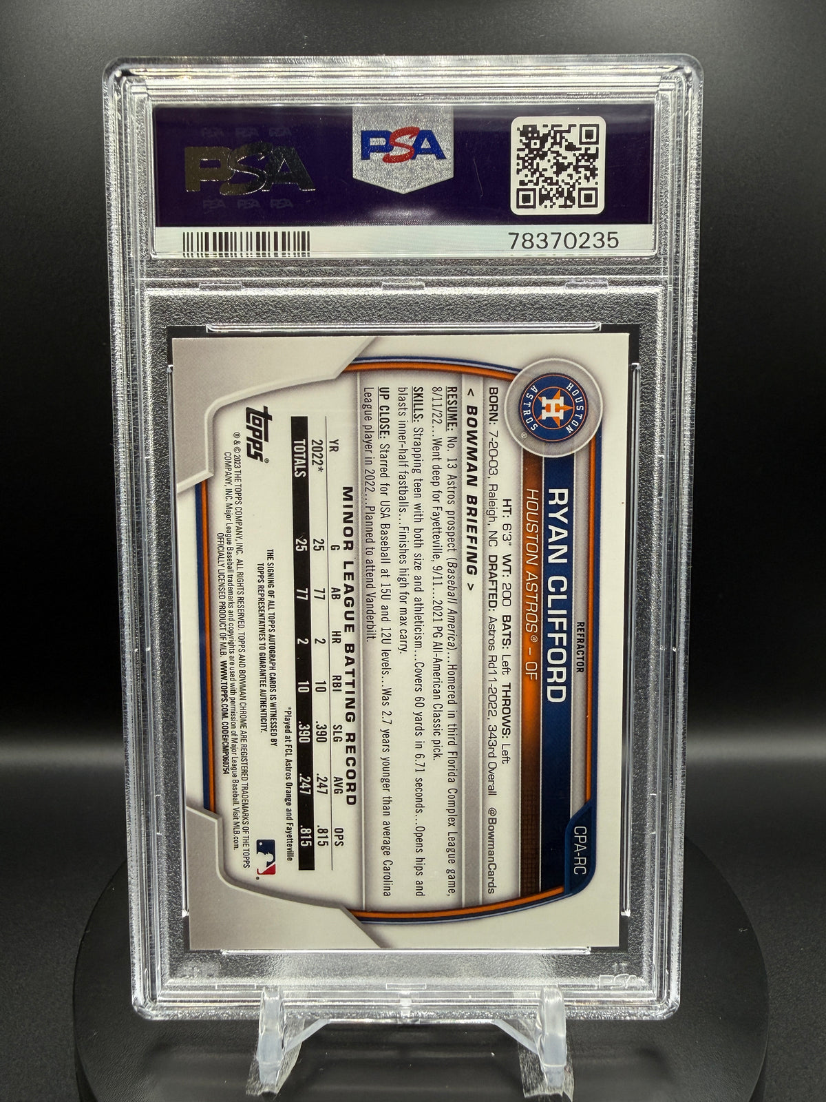 Ryan Clifford 2023 Bowman Chrome Prospect Autographs #CPA-RC Refractor /499 PSA 9