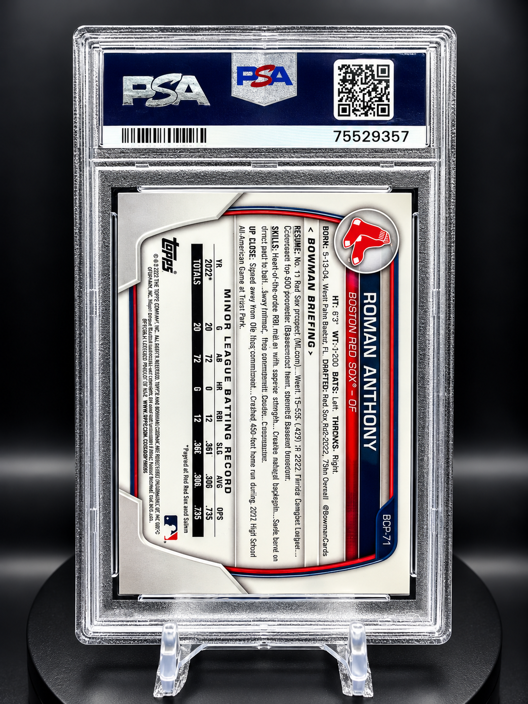 Roman Anthony 2023 Bowman Chrome Prospects #BCP71 Aqua Shimmer Refractor /125 PSA 9