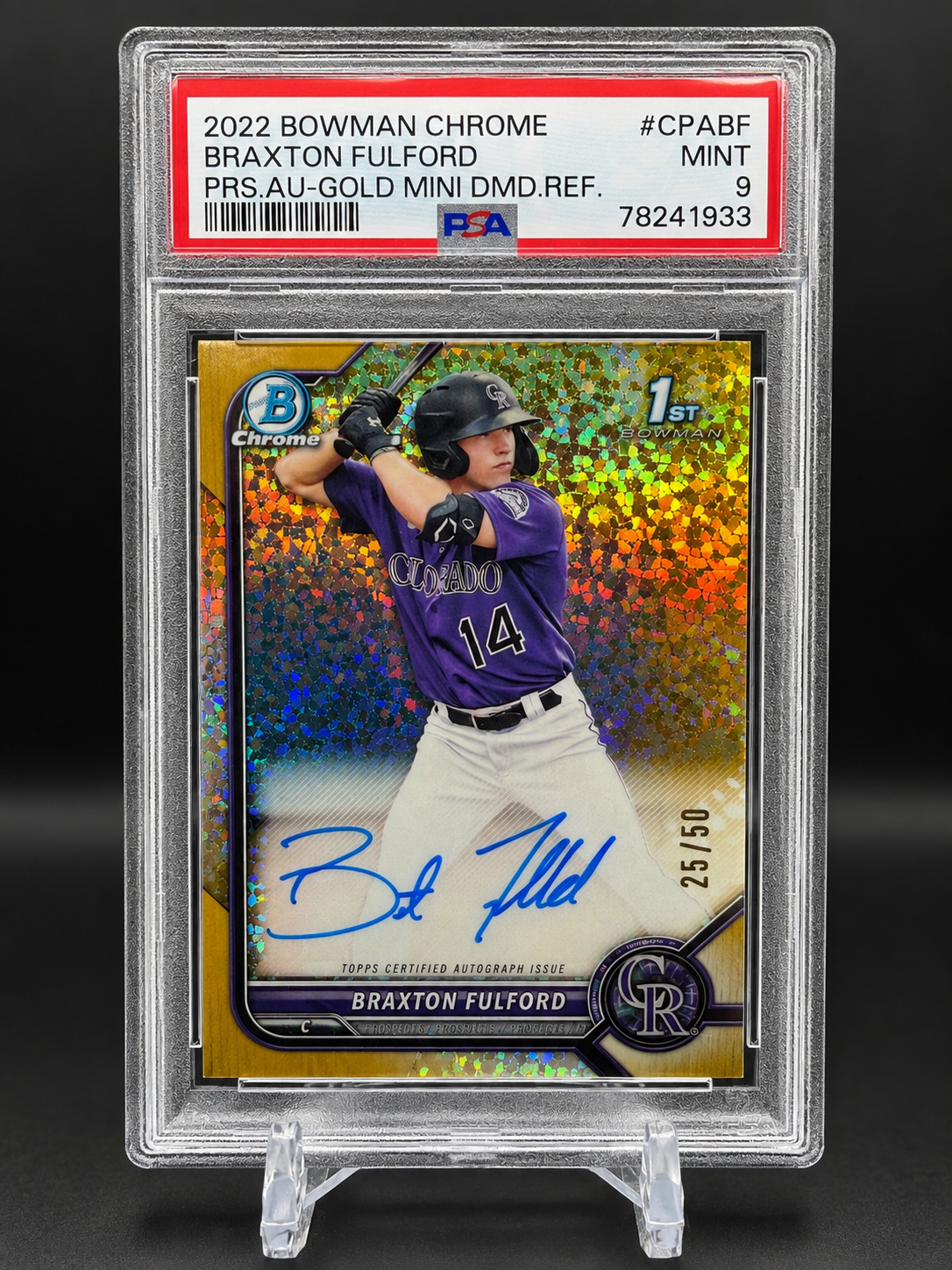 Braxton Fulford 2022 Bowman Chrome Prospect Autograph #CPABF Gold Mini Diamond Refractor /50 PSA 9