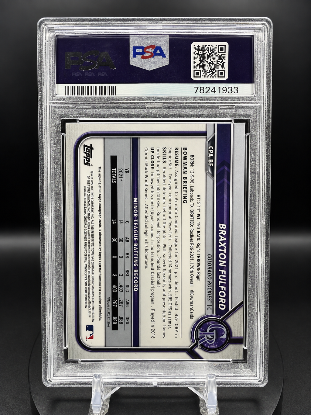 Braxton Fulford 2022 Bowman Chrome Prospect Autograph #CPABF Gold Mini Diamond Refractor /50 PSA 9