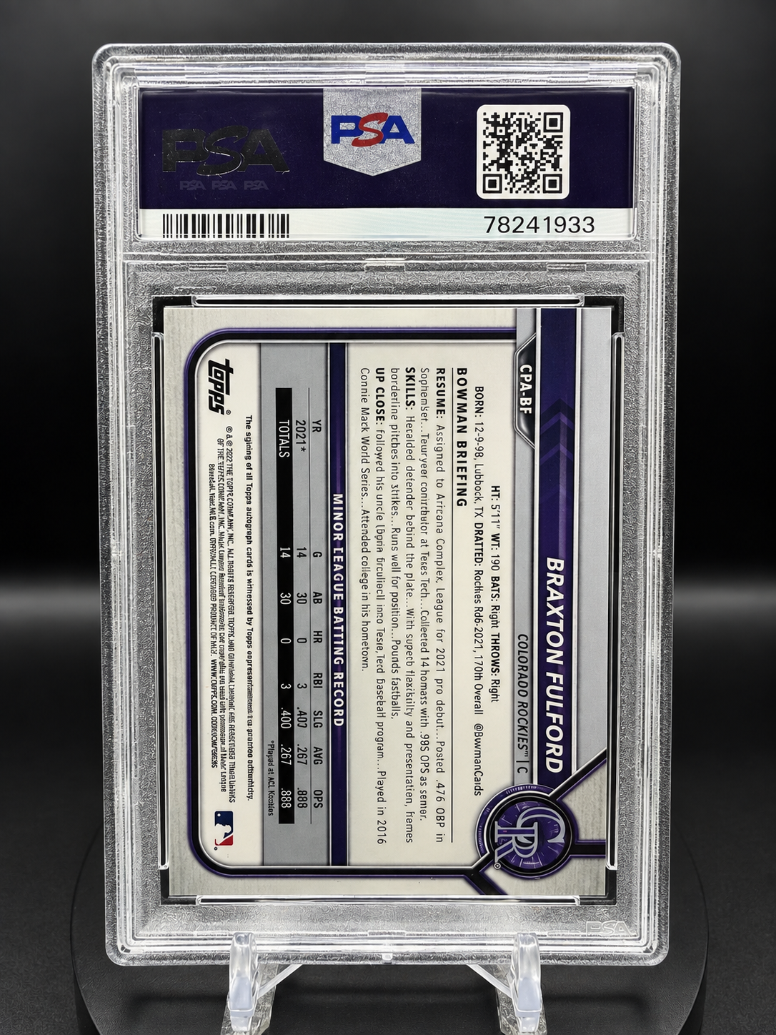 Braxton Fulford 2022 Bowman Chrome Prospect Autograph #CPABF Gold Mini Diamond Refractor /50 PSA 9