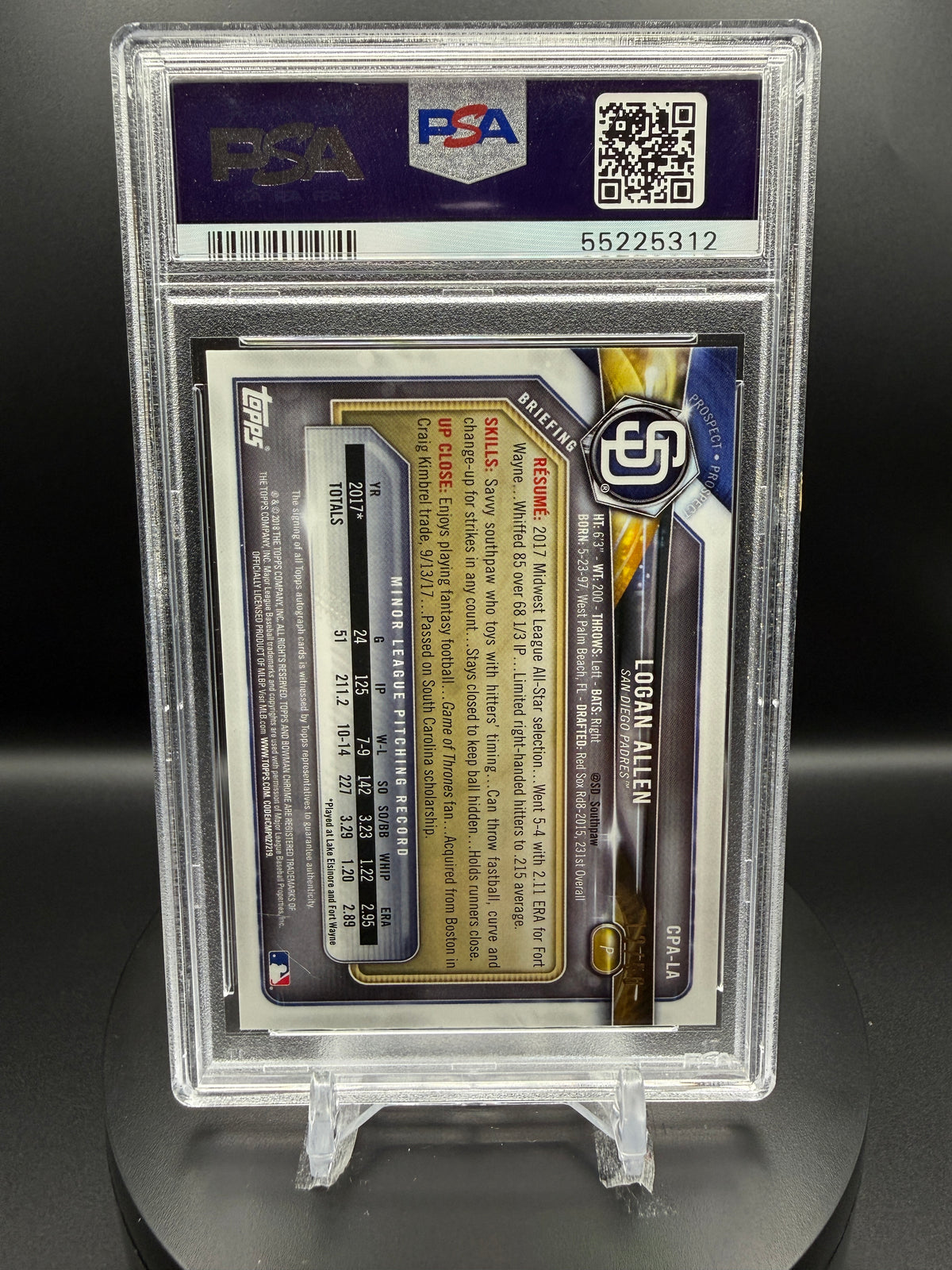 Logan Allen 2018 Bowman Chrome Prospect Autographs #LA Gold Shimmer Refractor /50 PSA 10