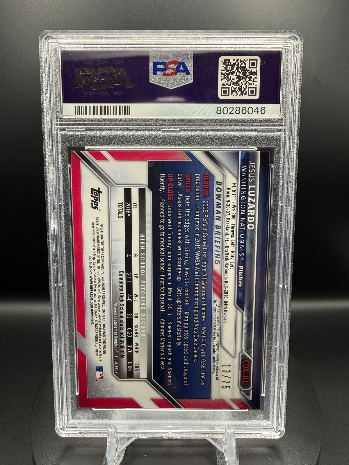 Jesus Luzardo 2016 Bowman Draft Chrome Draft Picks Autograph #JLU Black Refractor /75 PSA 9