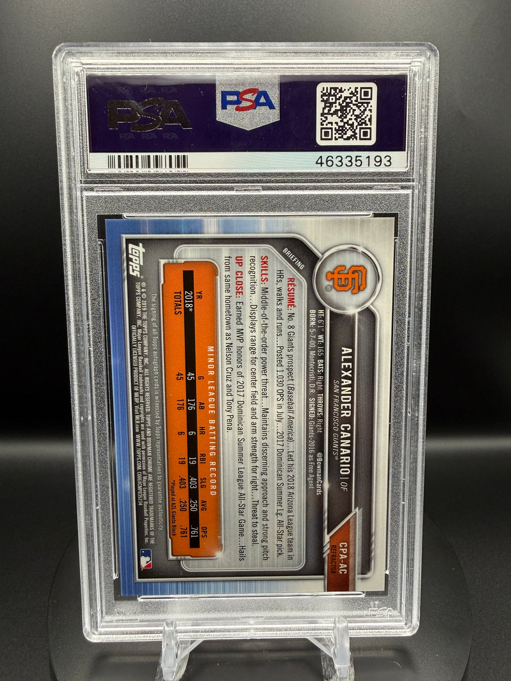 Alexander Canario 2019 Bowman Chrome Prospects Auto #CPAAC Refractor /499 PSA 10 Gem