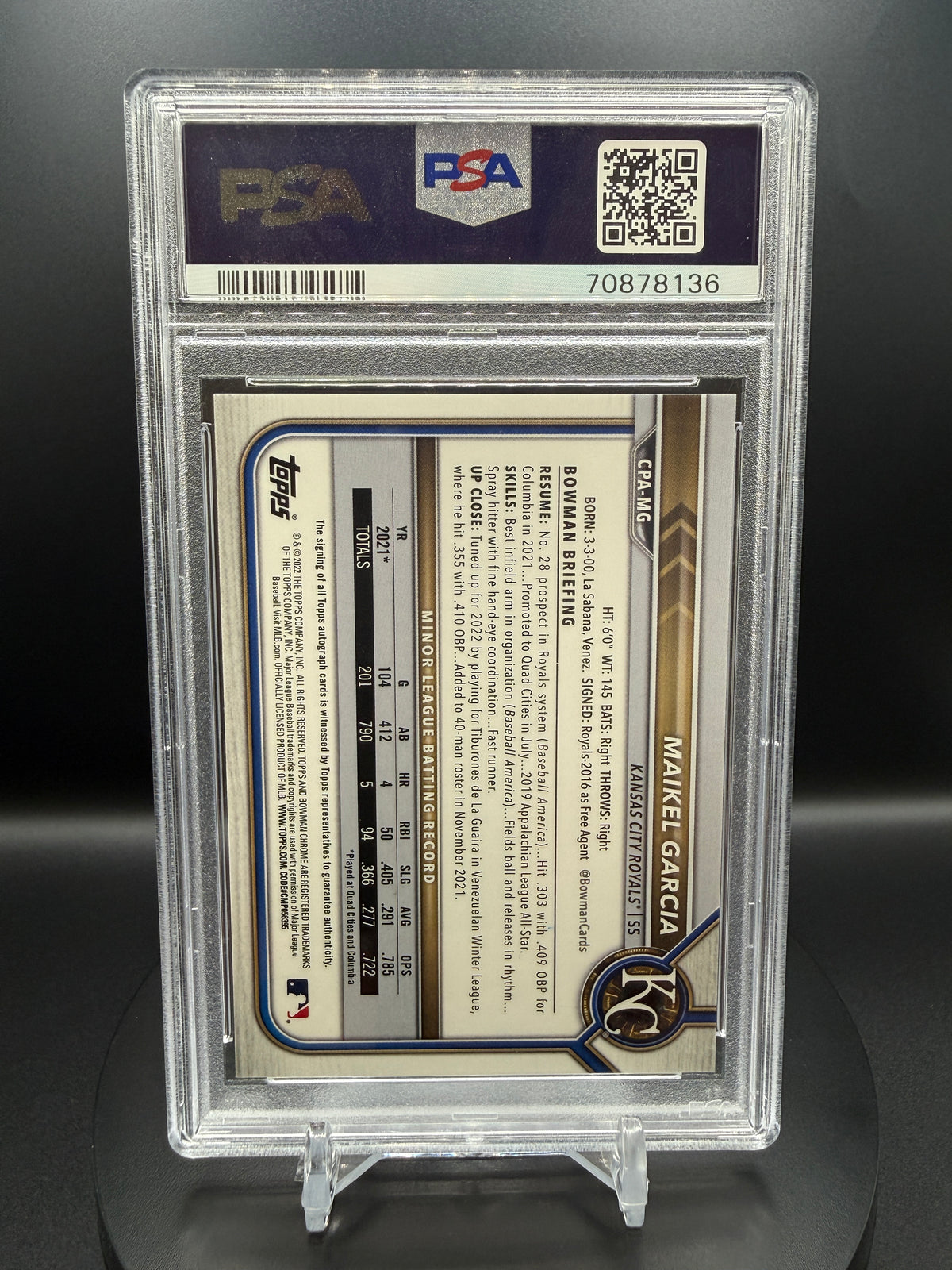 Maikel Garcia 2022 Bowman Chrome Prospect Auto #CPAMG HTA Choice Refractor /150 PSA 9