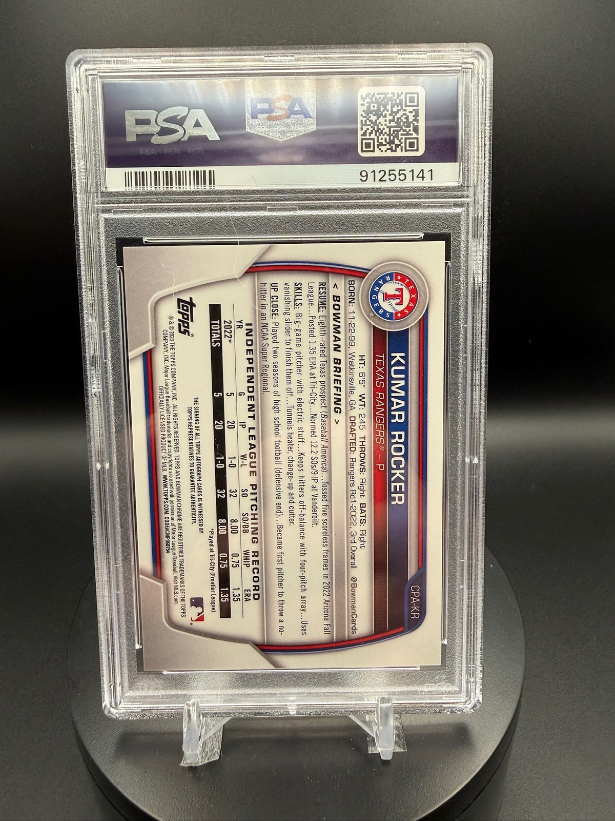 Kumar Rocker 2023 Bowman Chrome Prospect Autographs #CPAKR PSA 10 Gem Mint